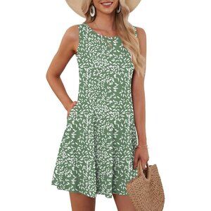 Women's Flyleaf Olive Sleeveless Crew Neck Summer Boho Beach Dress with Pockets
